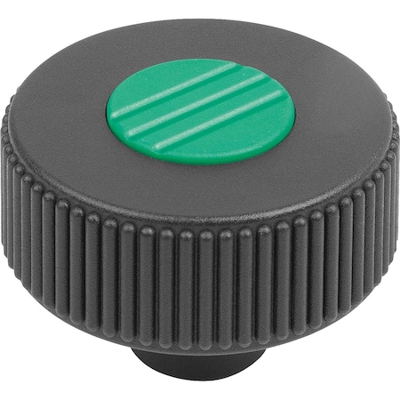 Kipp Knurled Knob Size:3, D1=63D=10 , Form:H, Thermoplastic Black Ral7021, Comp:Steel, Cap:Green Ral6032 K0260.43102